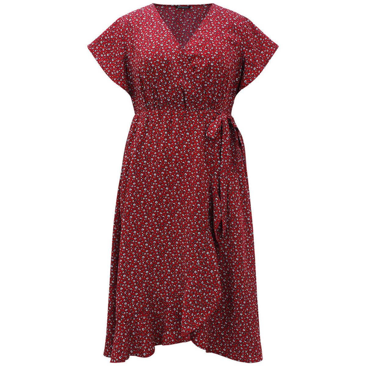 Plus Size Ditsy Floral Overlap Collar Bowknot Flutter Hem Dress Crimson Women Office Wrap V-neck Short sleeve Curvy Midi Dress BloomChic 28/5X Product Image