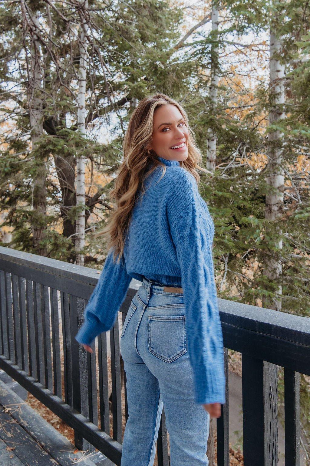 Blue Cable Knit Mock Neck Sweater - FINAL SALE Product Image