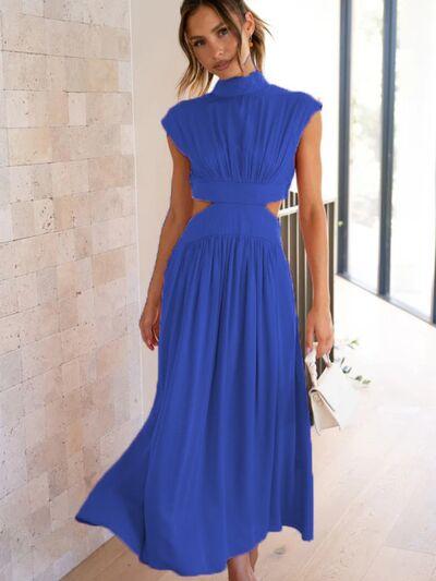 Cutout Mock Neck Sleeveless Ruched Dress Product Image