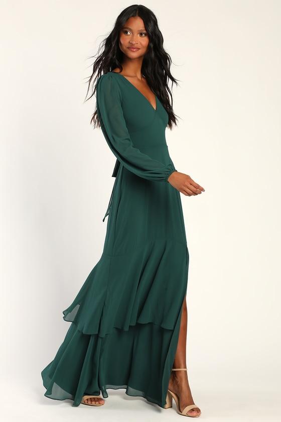 Tier Elegance Hunter Green Long Sleeve Tiered Maxi Dress Product Image