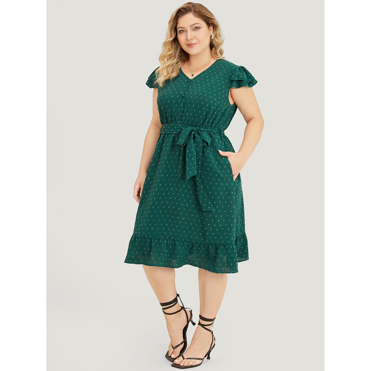 Plus Size Polka Dot Layered Sleeve Pocket Button Up Belted Flutter Dress Green Women Elegant Button V-neck Cap Sleeve Curvy Knee Dress BloomChic 30/6X Product Image