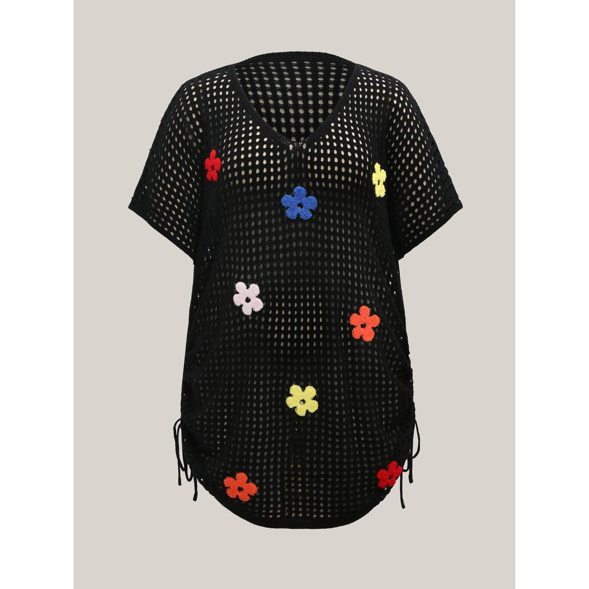 Plus Size Crochet Flowers Side Drawstrings Swim Cover-Up Women's Swimwear Black Beach Loose Texture Curve Swim Cover Ups BloomChic 22-24/3X Product Image