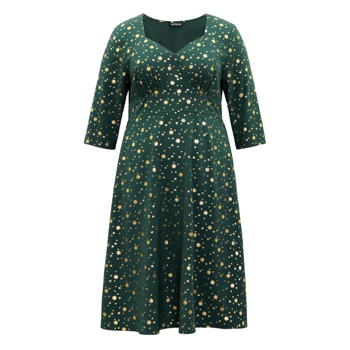 Plus Size Star Glitter Square Neck Gathered Dress DarkGreen Women Party Printed Square Neck Elbow-length sleeve Curvy Midi Dress BloomChic 18-20/2X Product Image