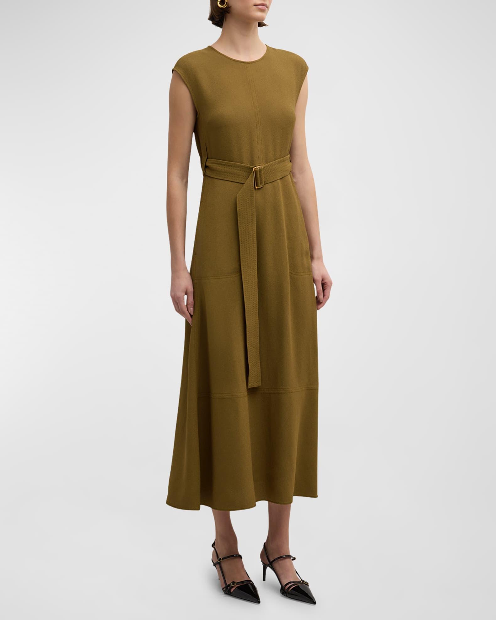 Cap-Sleeve Belted Textured Crepe Midi Dress Product Image