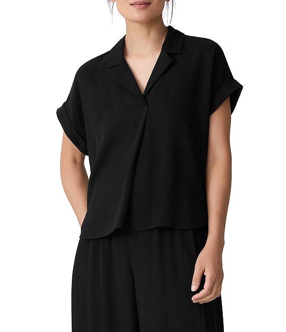 Eileen Fisher Textured Matte Jersey Knit Notch Collar Cap Sleeve Top Product Image
