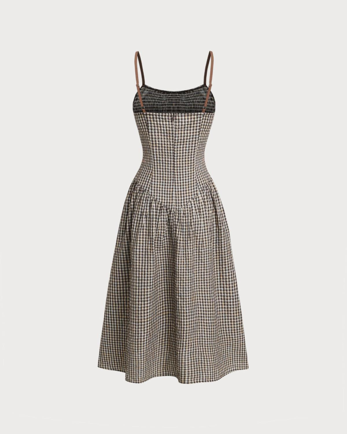 Brown Plaid Shirred Slip Midi Dress Product Image