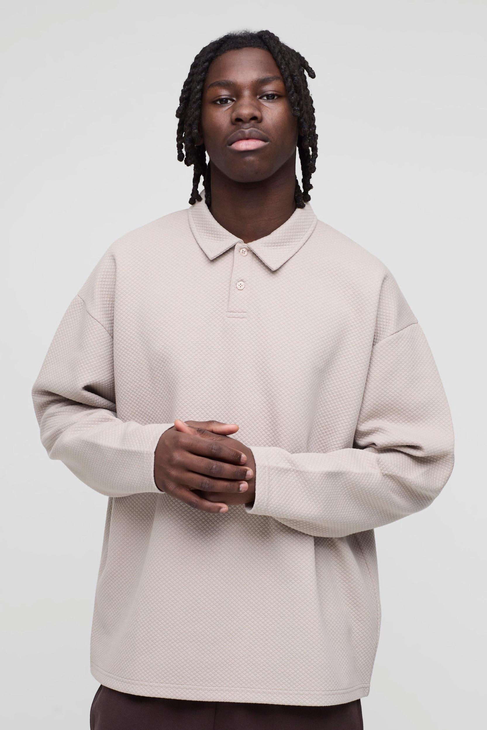 Oversized Waffle Jacquard Long Sleeve Polo | boohooMAN USA Product Image