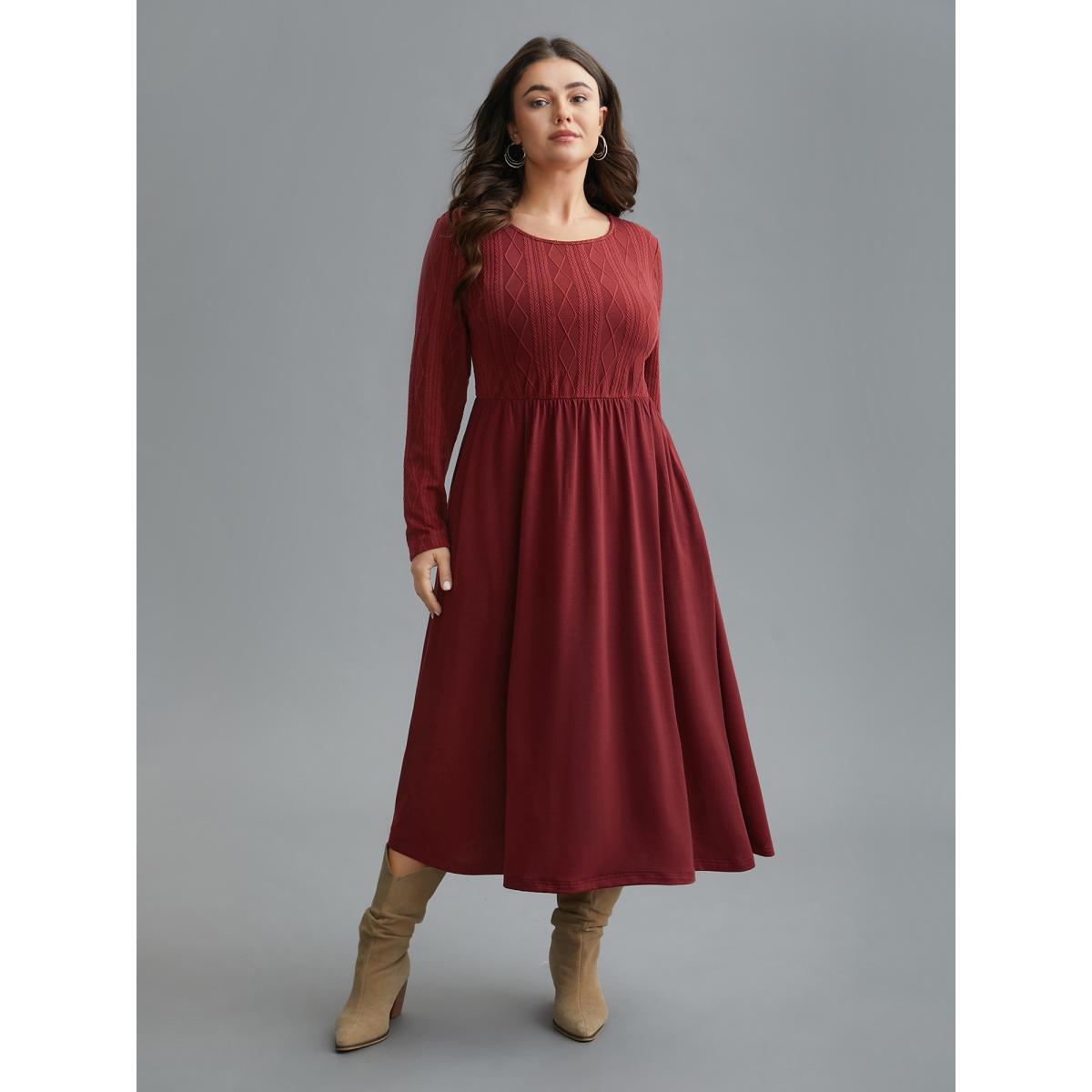 Plus Size Cable Knit Round Neck Elastic Waist Midi Dress Burgundy Women Casual Texture Knit Dresses Bloomchic 10/M Product Image