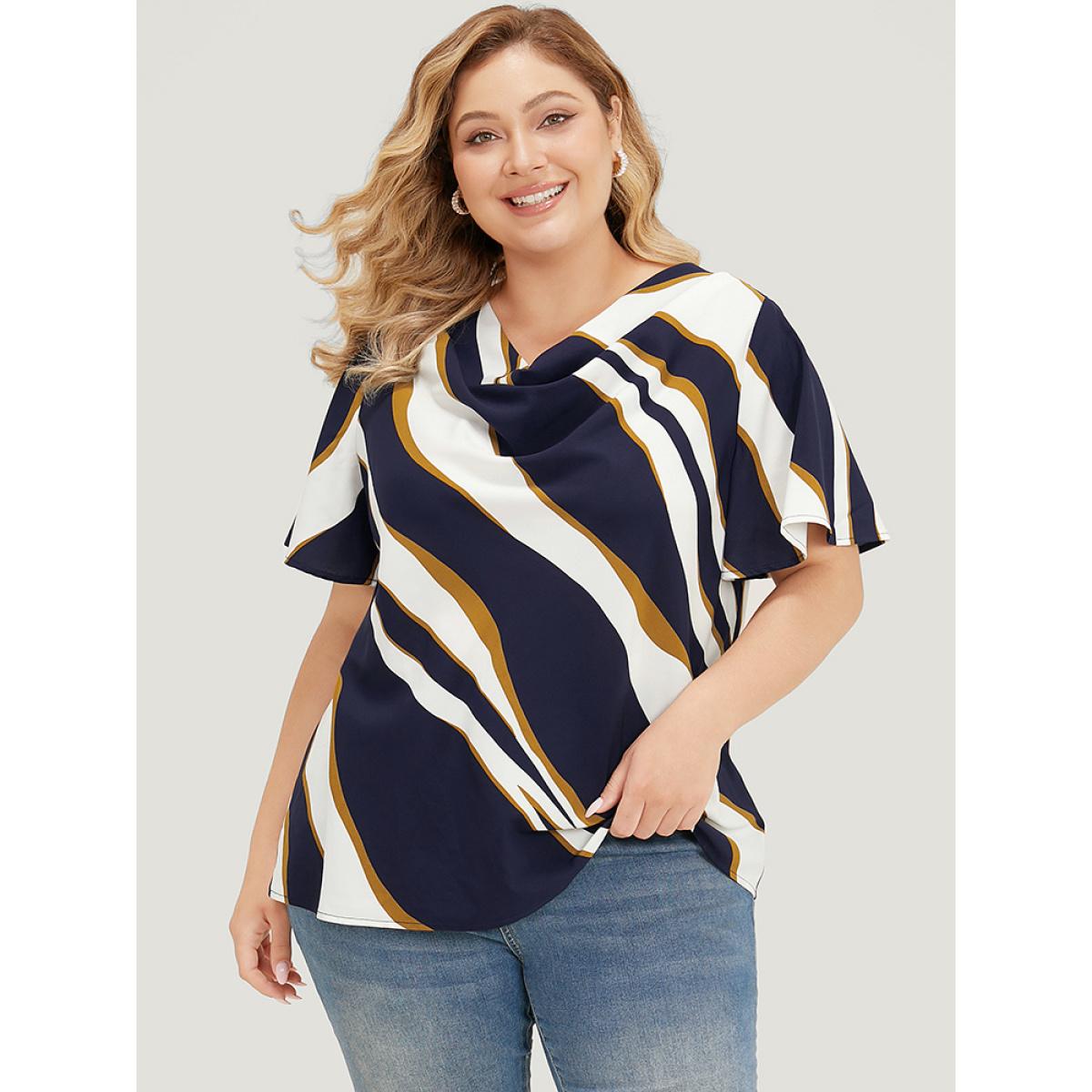 Plus Size Multicolor Geometric Contrast Cowl Neck Ruffle Sleeve Blouse Women Office Short sleeve Cowl Neck Work Blouses BloomChic 30/6X Product Image