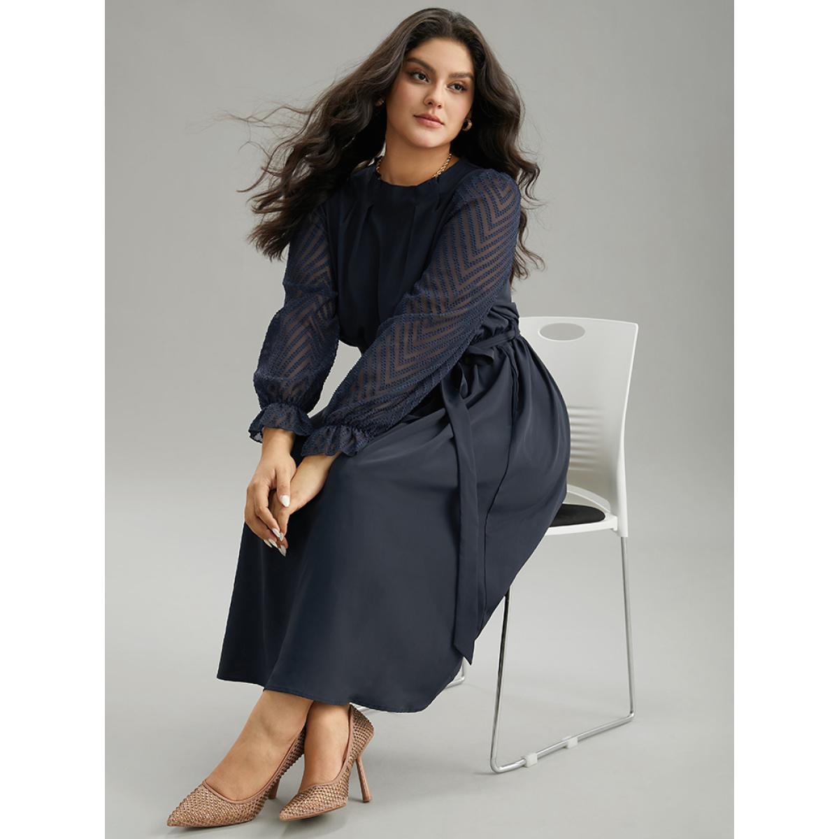 Plus Size Twill Mesh Patchwork Belted Plicated Detail Dress DarkBlue Women Elegant Texture Mock Neck Long Sleeve Curvy Midi Dress BloomChic 22-24/3X Product Image