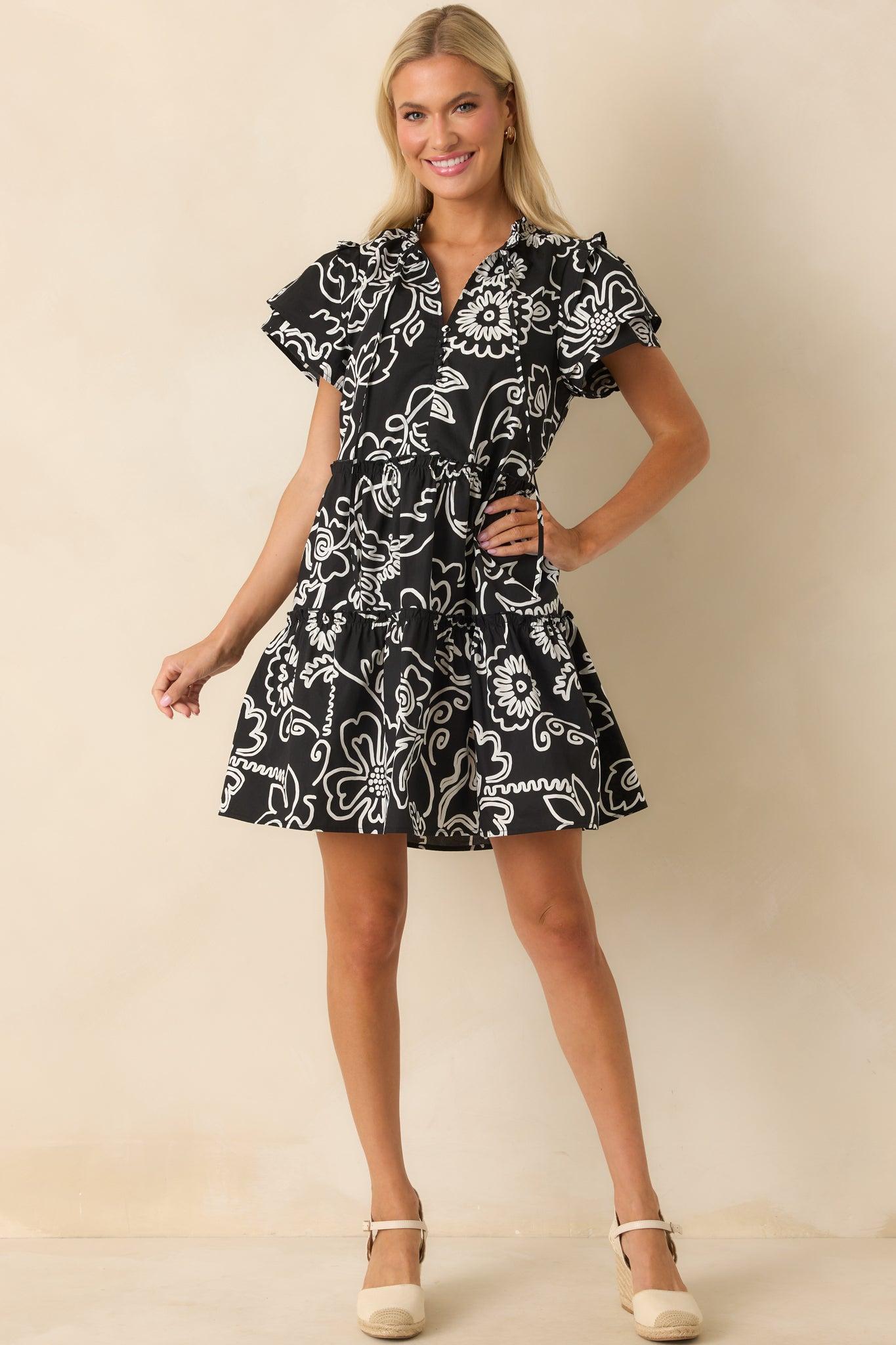 Go Your Way Black Floral Print Cotton Flutter Sleeve Mini Dress Product Image