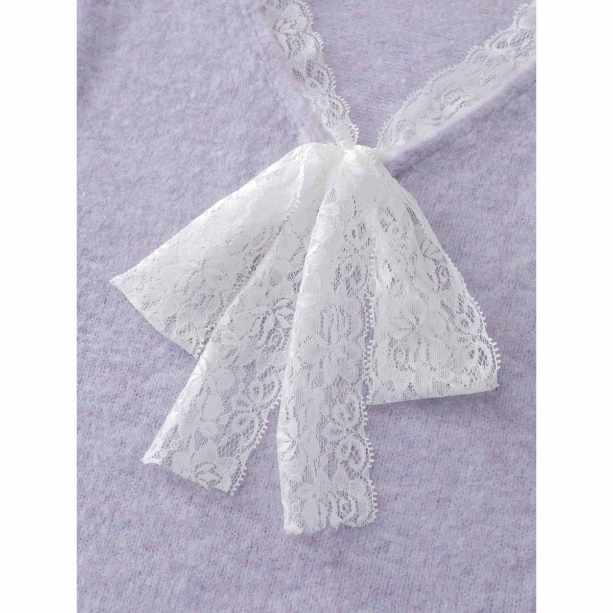 Plus Size Lace Bowtie V-Neck Pullover Lavender Women Leisure Loose Long Sleeve V-neck Casual Pullovers BloomChic 14-16/1X Product Image