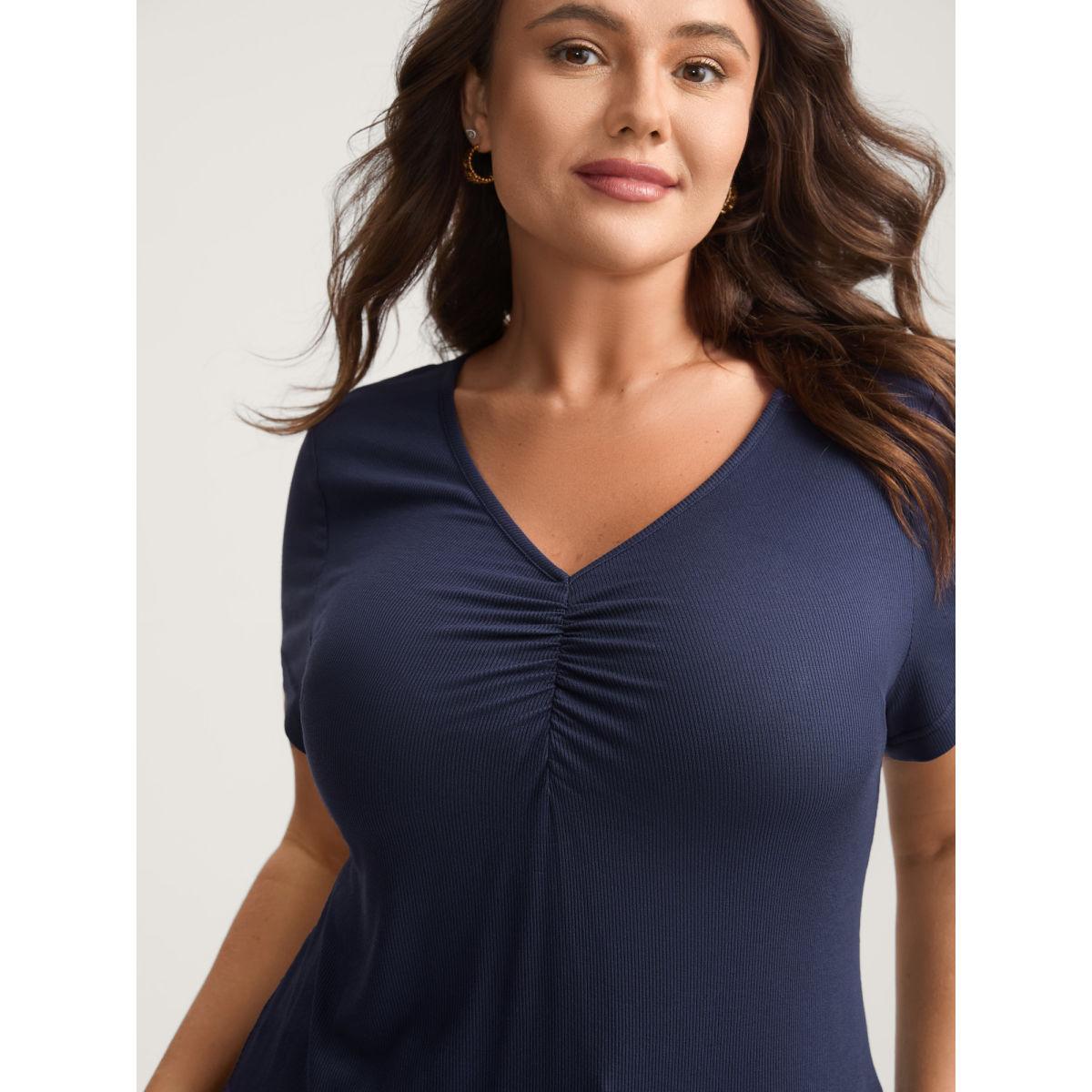 Plus Size Pleated Neckline Slim-Fit Plain T-Shirt Indigo Women Timeless Gathered V-neck Bodycon Elegant T-shirts BloomChic 18-20/2X Product Image