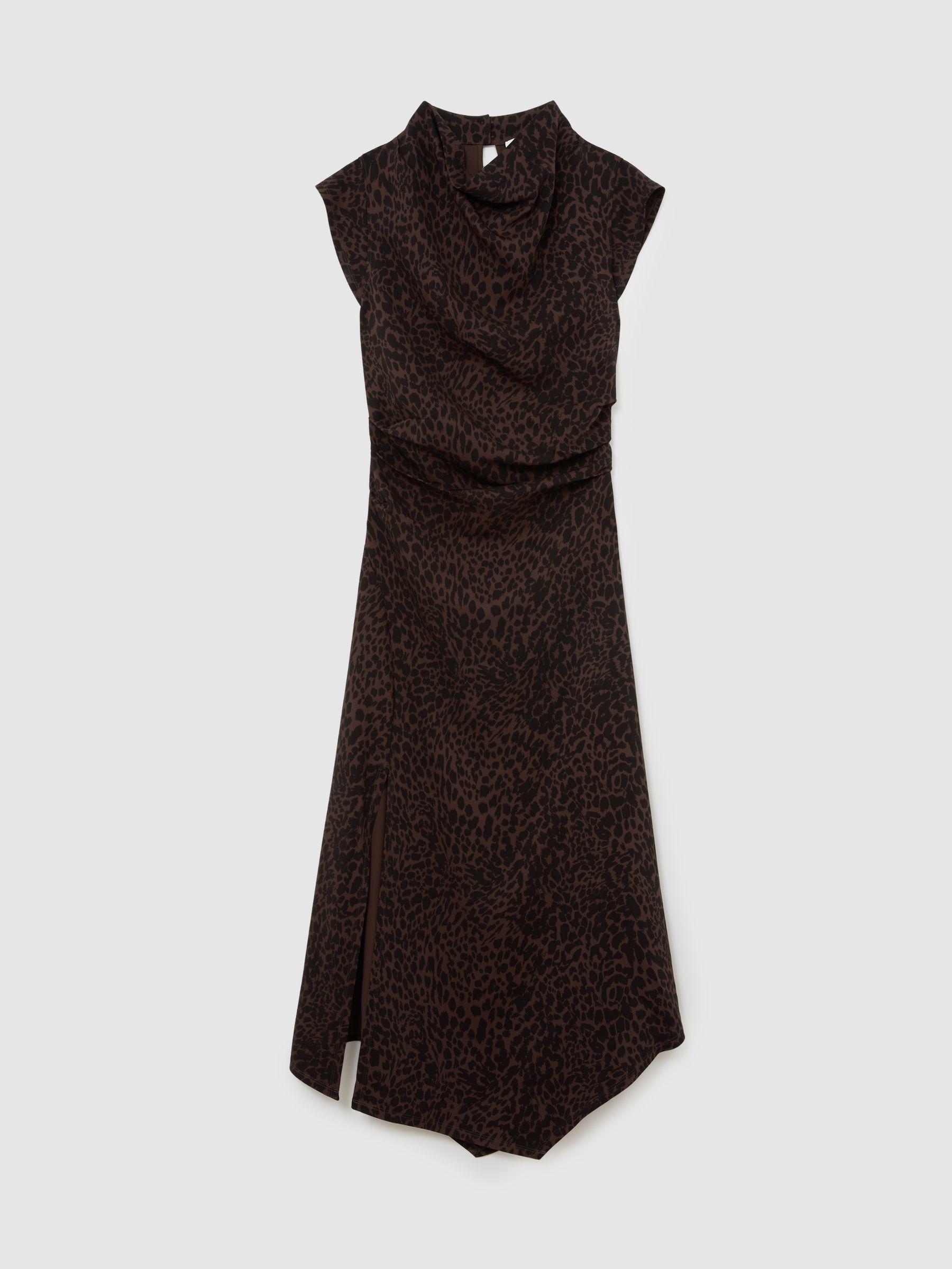 Animal-Print Draped Midi Dress in Black/Brown Product Image