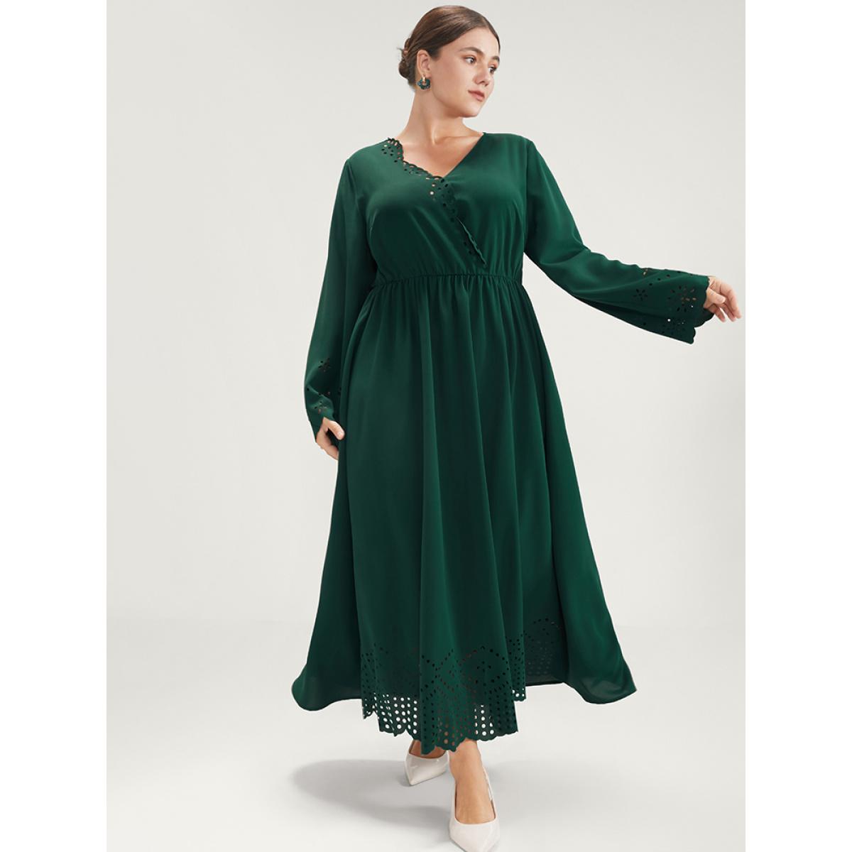 Plus Size Solid Bell Sleeve Wrap Laser Cut Flutter Hem Maxi Dress Green Women Elegant Cut-Out V-neck Long Sleeve Curvy Long Dress BloomChic 10/M Product Image