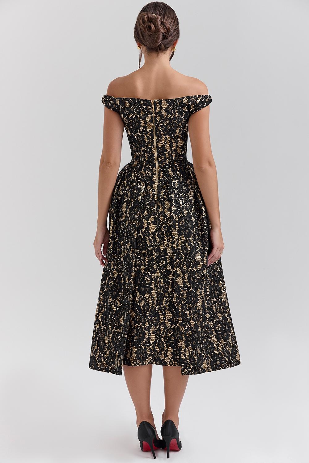 Charming  black gold lace off shoulder midi gown Product Image