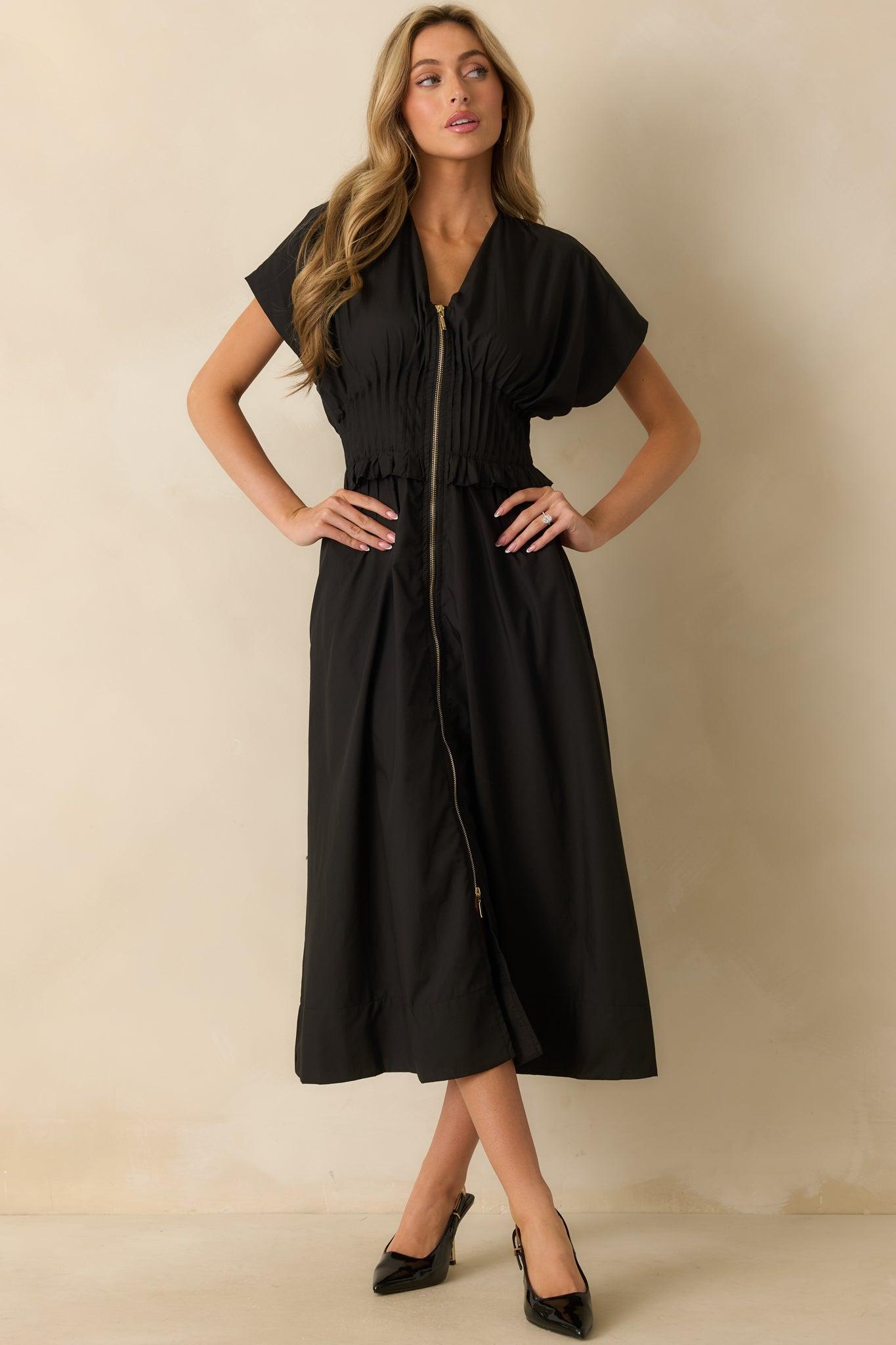 Let It Be Easy Black Smocked Waist Zip Maxi Dress Product Image