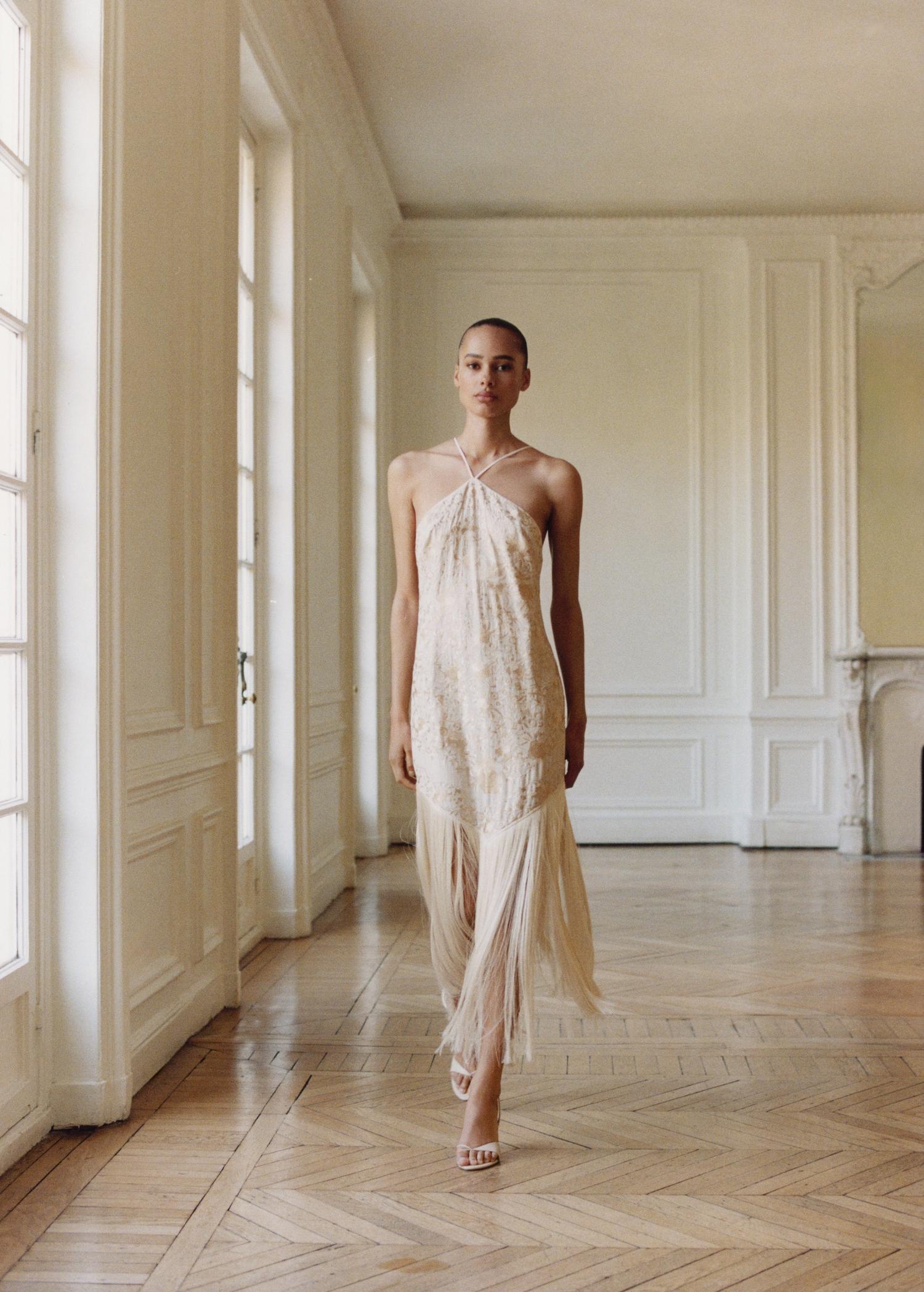 Floral-embroidered dress with fringe detail - Women | MANGO USA Product Image