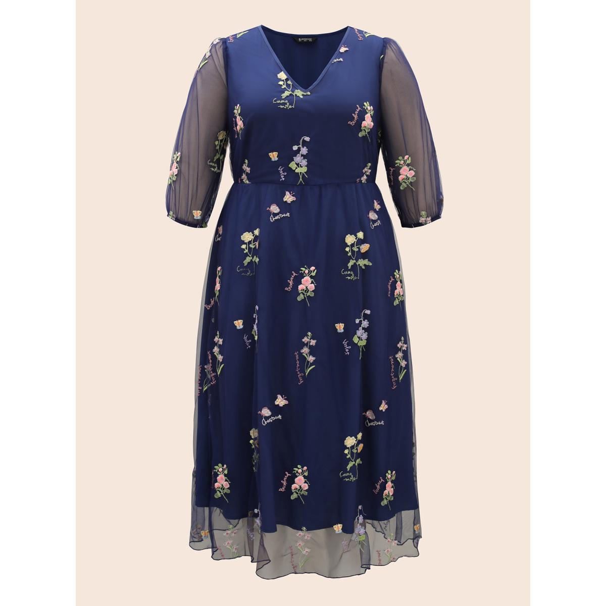 Plus Size Floral Embroidered Mesh Patchwork Lantern Sleeve Dress Indigo Women Formal Texture V-neck Elbow-length sleeve Curvy BloomChic 14-16/1X Product Image
