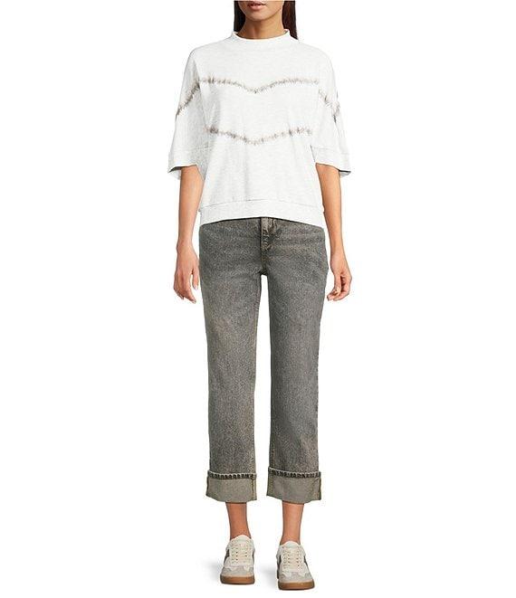 Democracy Embroidered Stripe Mock Neck Elbow Dolman Sleeve Knit Top Product Image