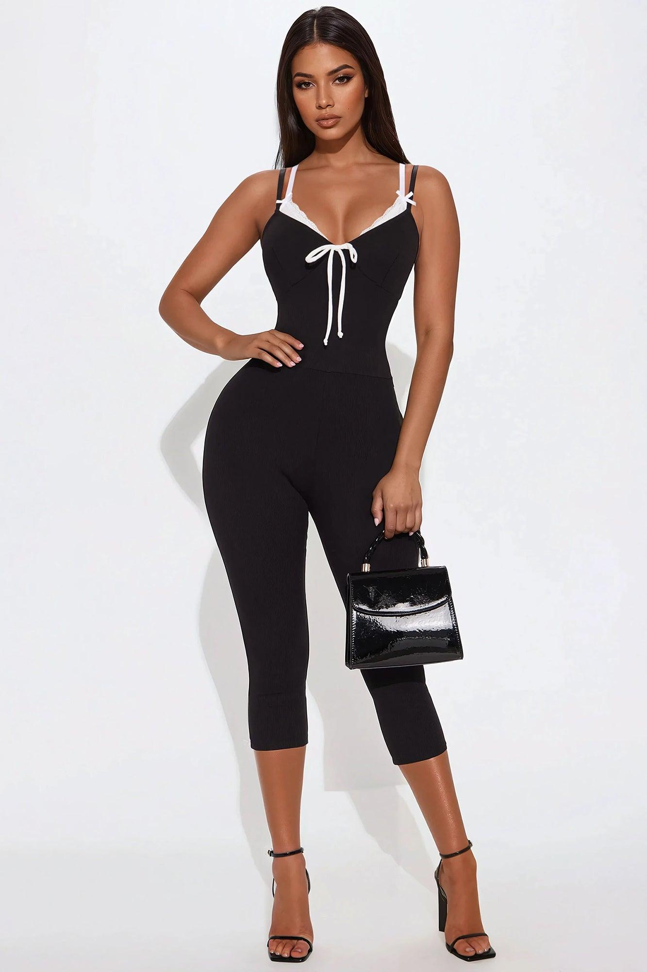 Lenora Ribbed Capri Jumpsuit - Black Product Image