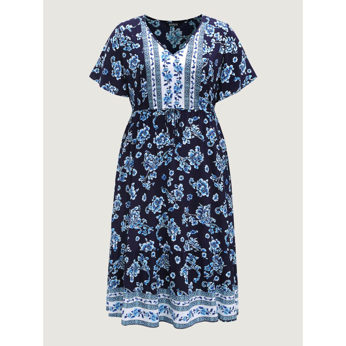 Plus Size Rayon Stretchy Waist Lace Midi Dress BlackFlower Women V-neck Short sleeve Curvy BloomChic 10/M Product Image