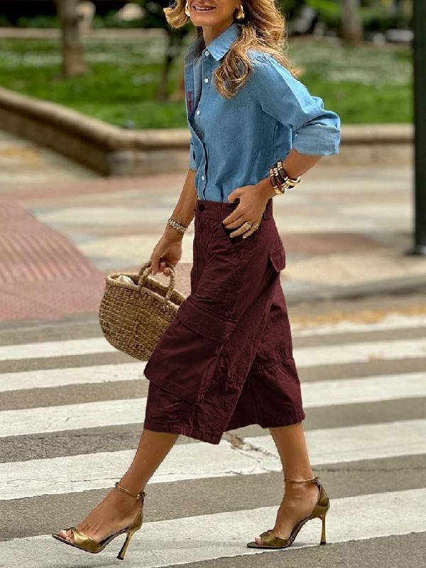 Loose Wide Leg Buttoned Pockets Solid Color Split-Joint Capri-Pants Cropped Trousers Product Image
