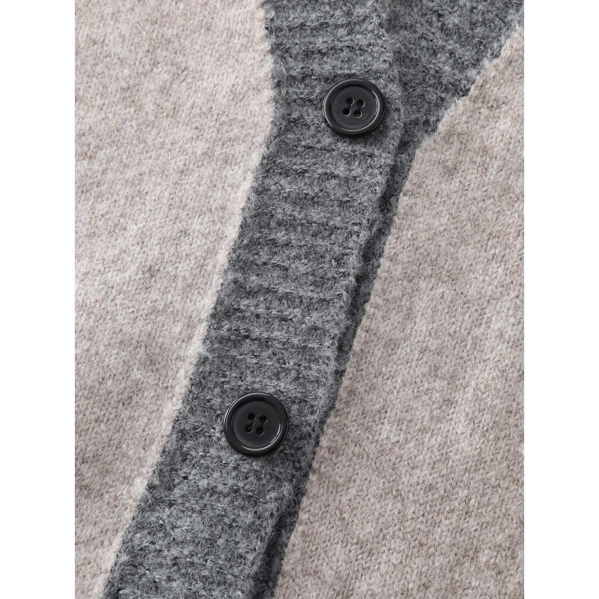 Plus Size Color Contrast Buttons Pockets Knit Cardigan LightBrown Women Leisure Loose Long Sleeve Casual Cardigans BloomChic 10/M Product Image