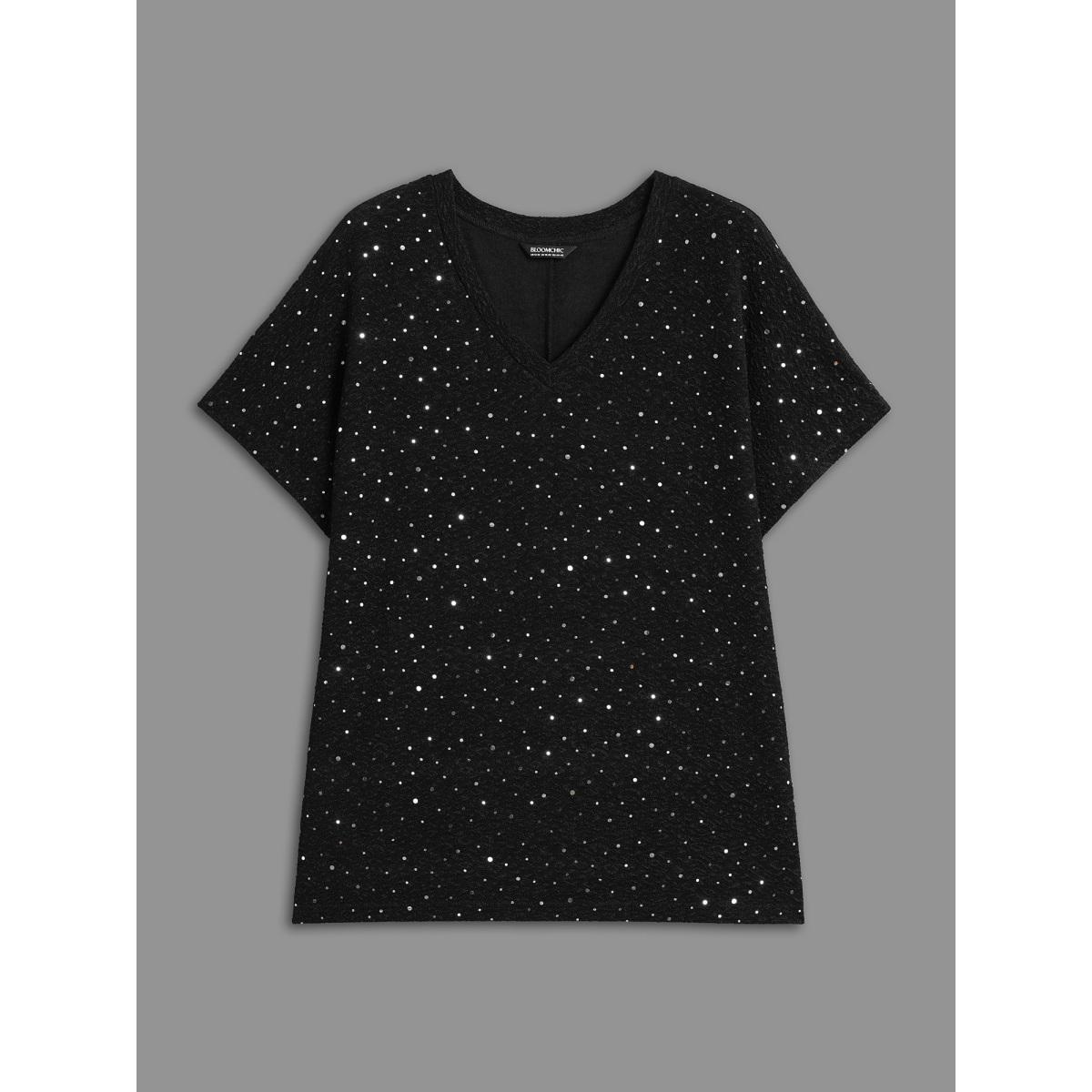 Plus Size V-Neck Sequin Textured T-Shirt Black Women Casual Rhinestone detailing V-neck Everyday T-shirts BloomChic 14-16/1X Product Image