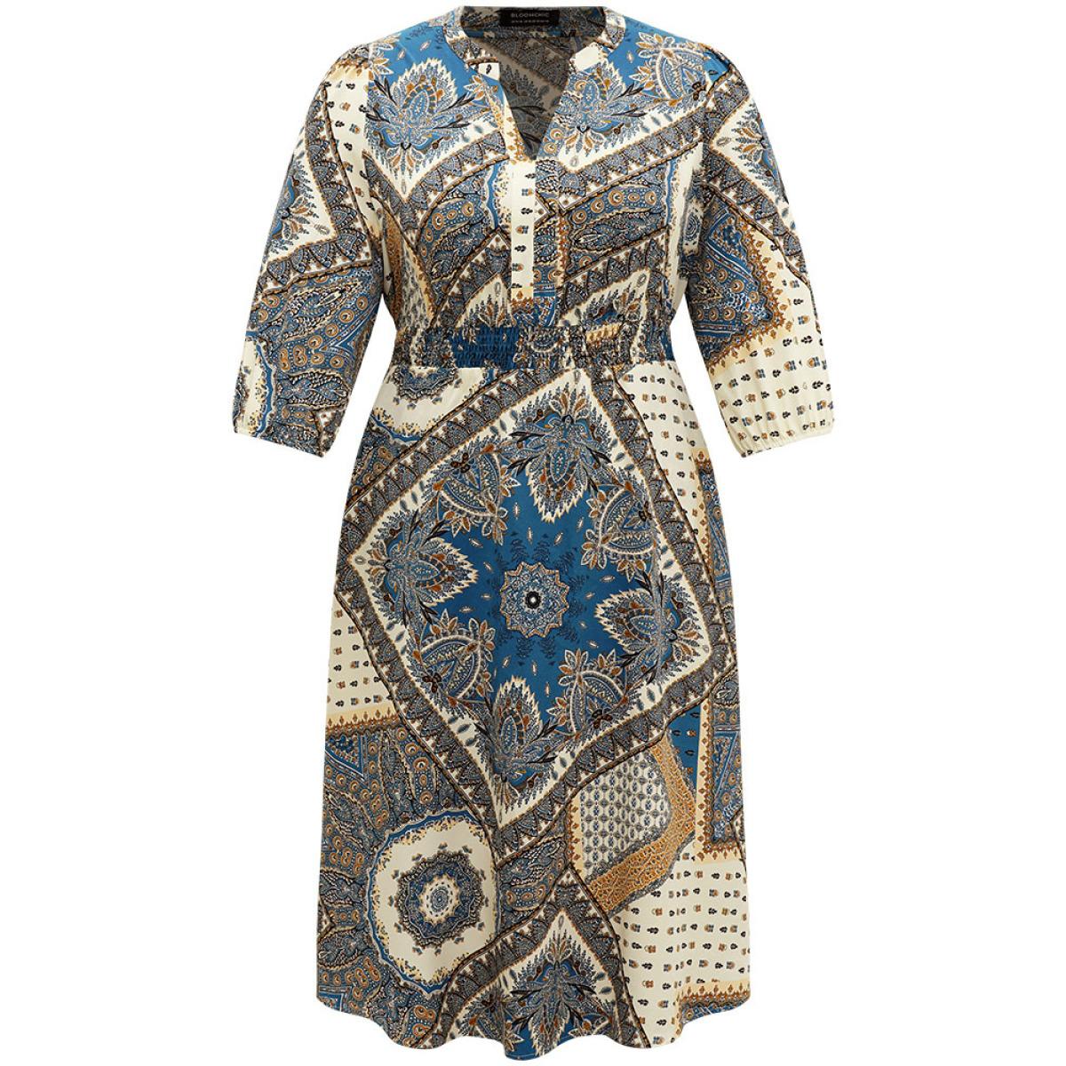 Plus Size Bandana Print Notched Lantern Sleeve Dress Cerulean Women Vacation Elastic cuffs Notched collar Elbow-length sleeve Curvy Midi Dress BloomChic 26/4X Product Image