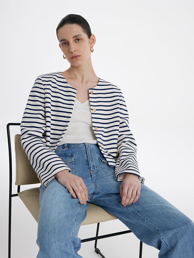 Cotton Striped Single-Breasted Women Crop Jacket Product Image