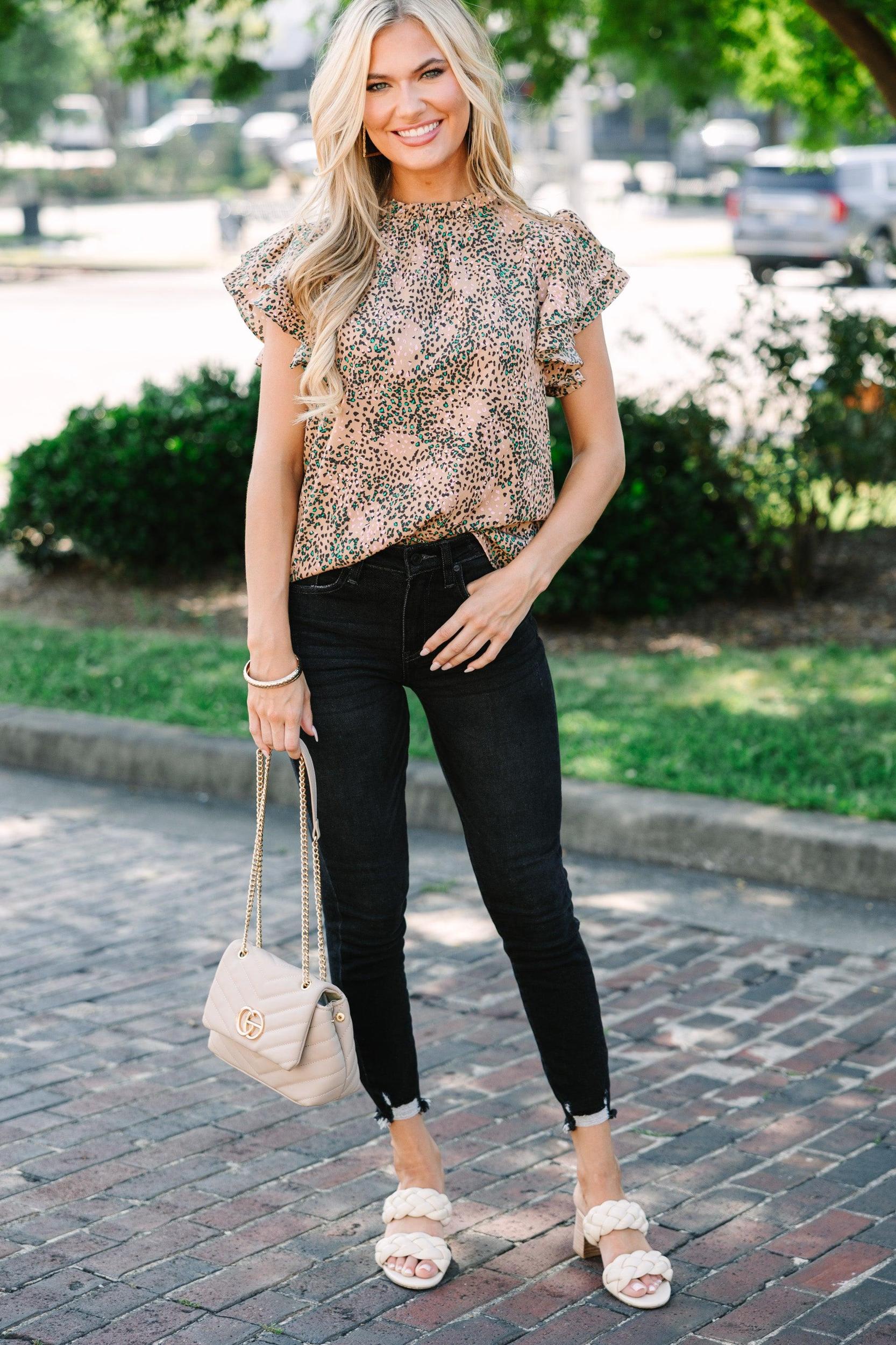 On My Heart Taupe Brown Leopard Print Blouse Female Product Image