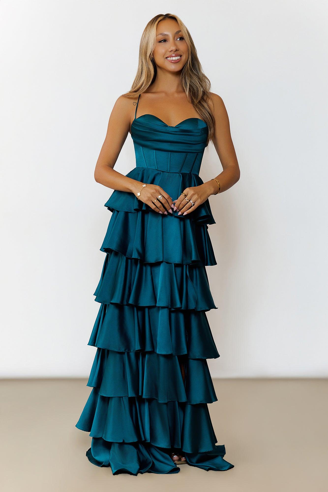 Lights Camera Party Satin Maxi Dress Emerald Product Image