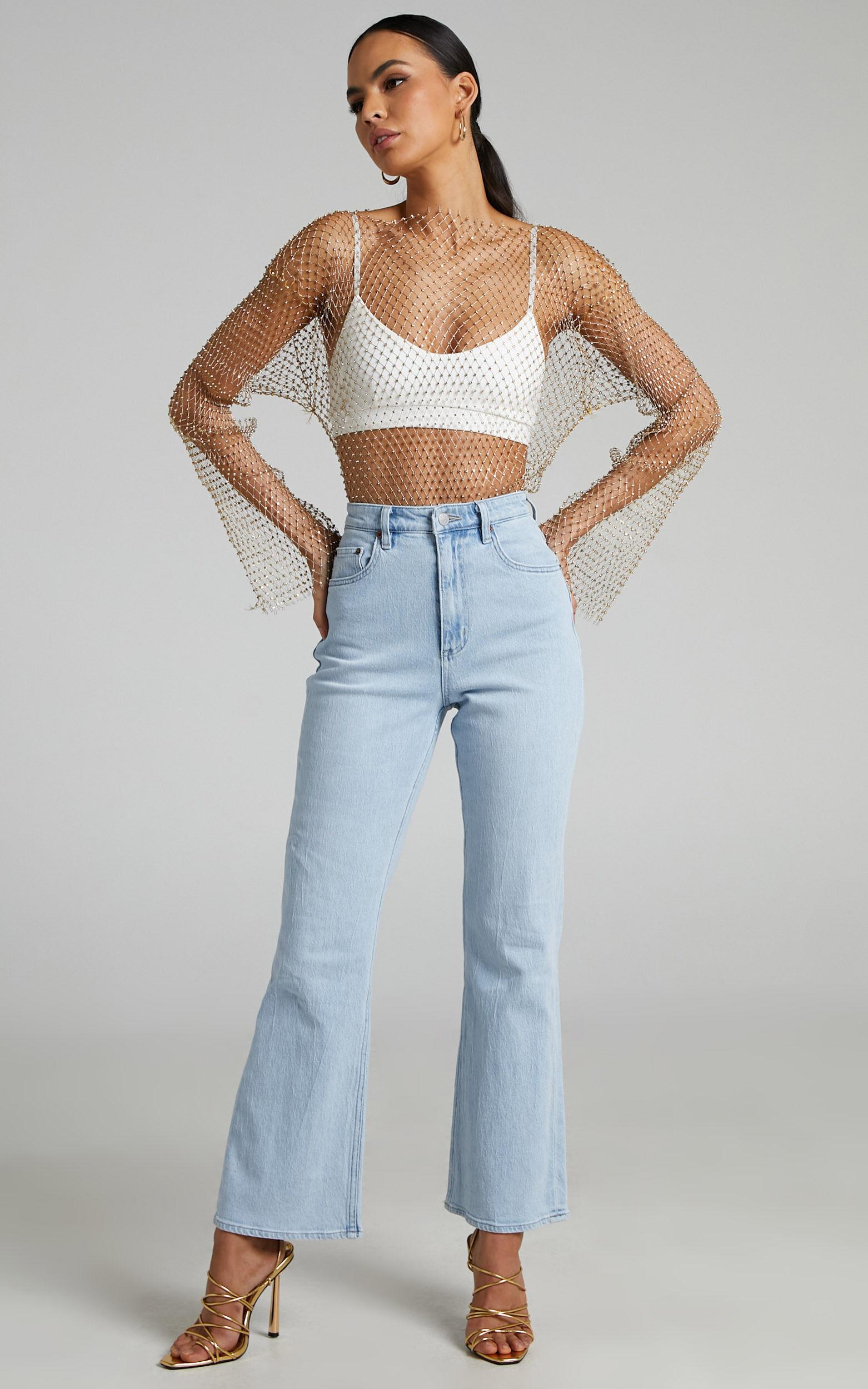 Charess Top - Diamante Mesh Long Sleeve Top in Gold Product Image