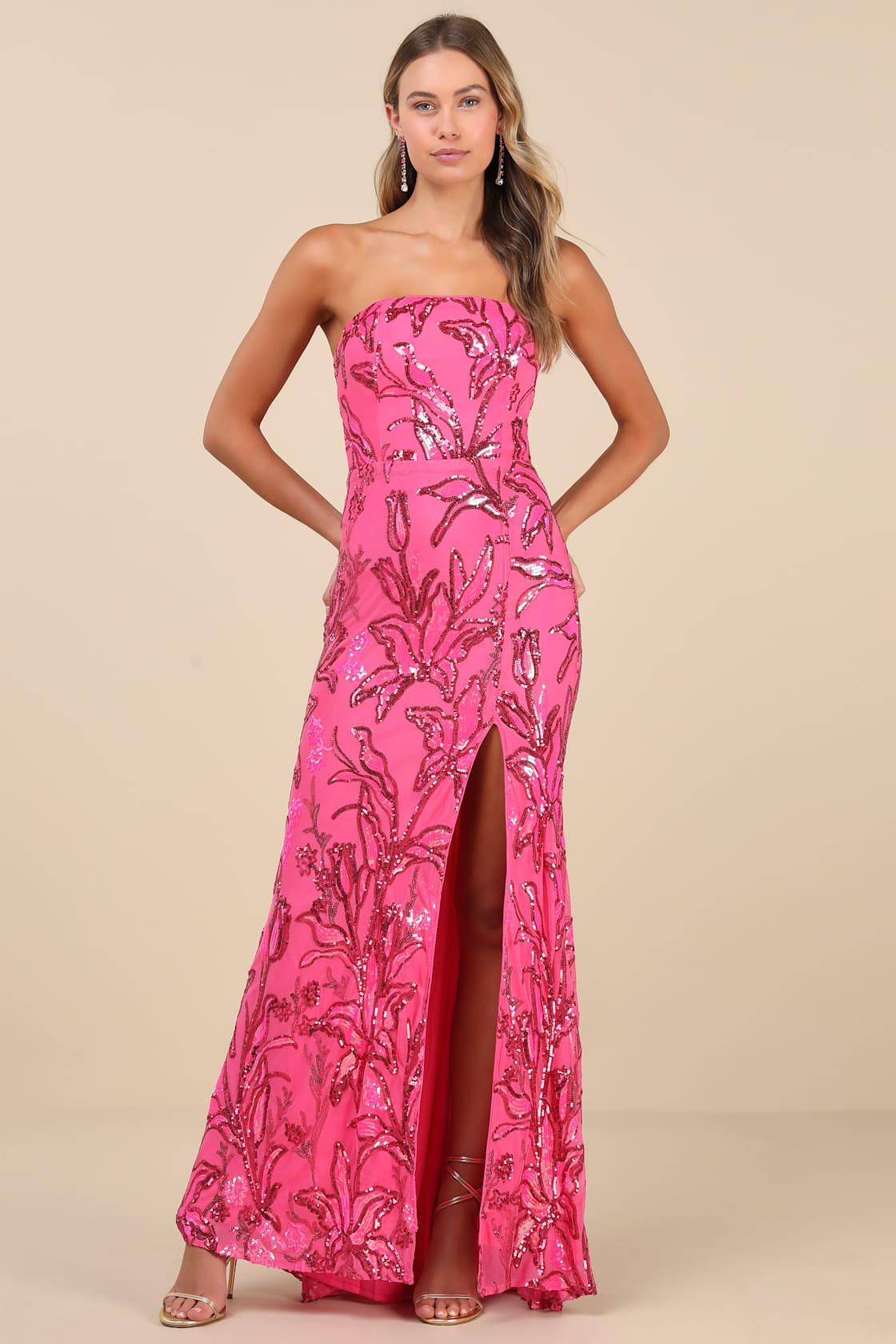 Shimmering Icon Hot Pink Sequin Lace-Up Strapless Maxi Dress Product Image