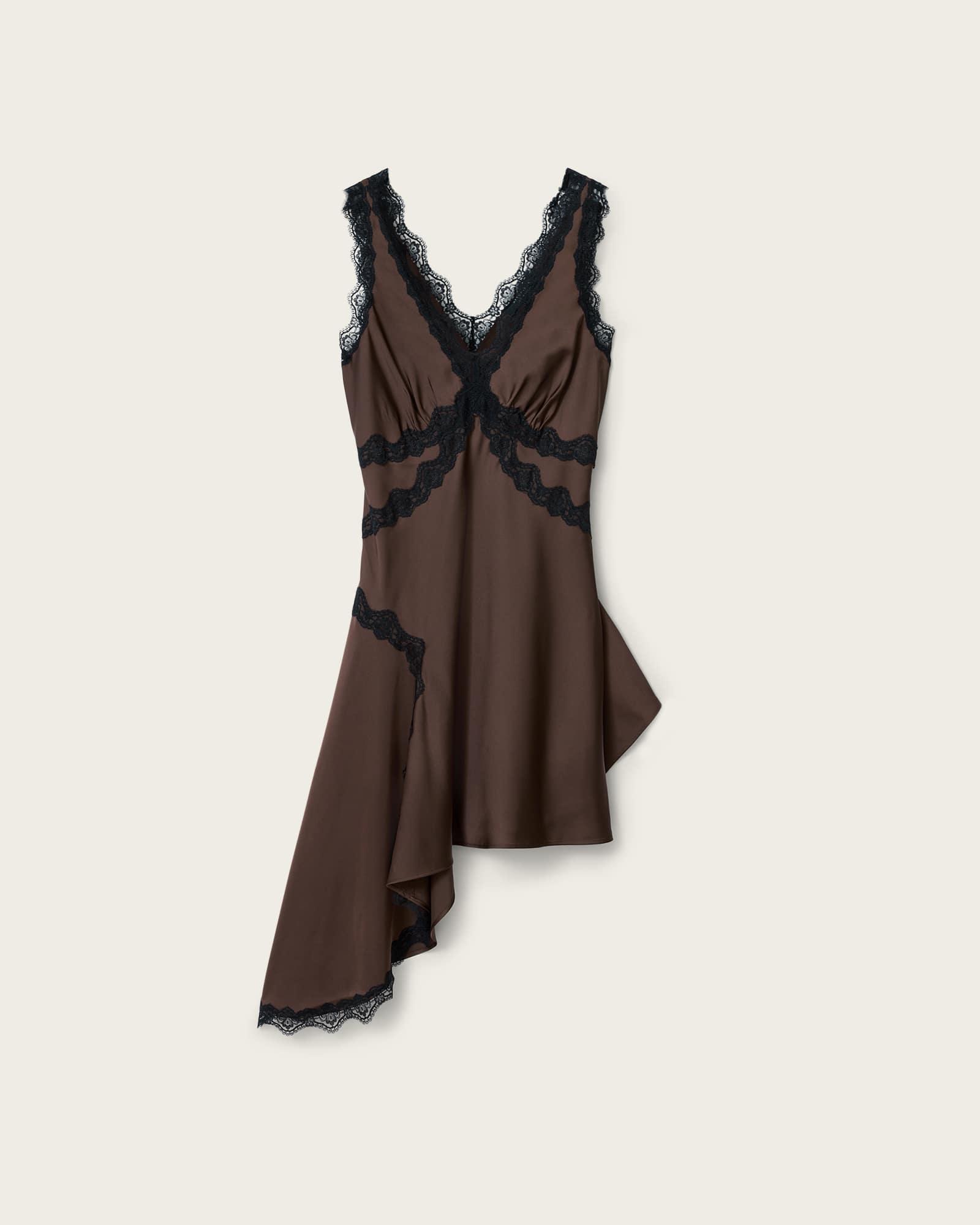 Ilka Asymmetric Lace Mini Dress Bitter Brown | ALLSAINTS US Product Image