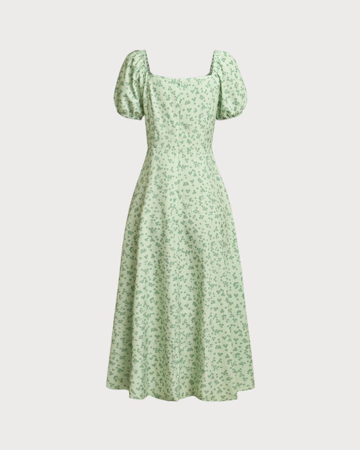 Green Floral Square Neck Puffed Sleeve Midi Dress Product Image