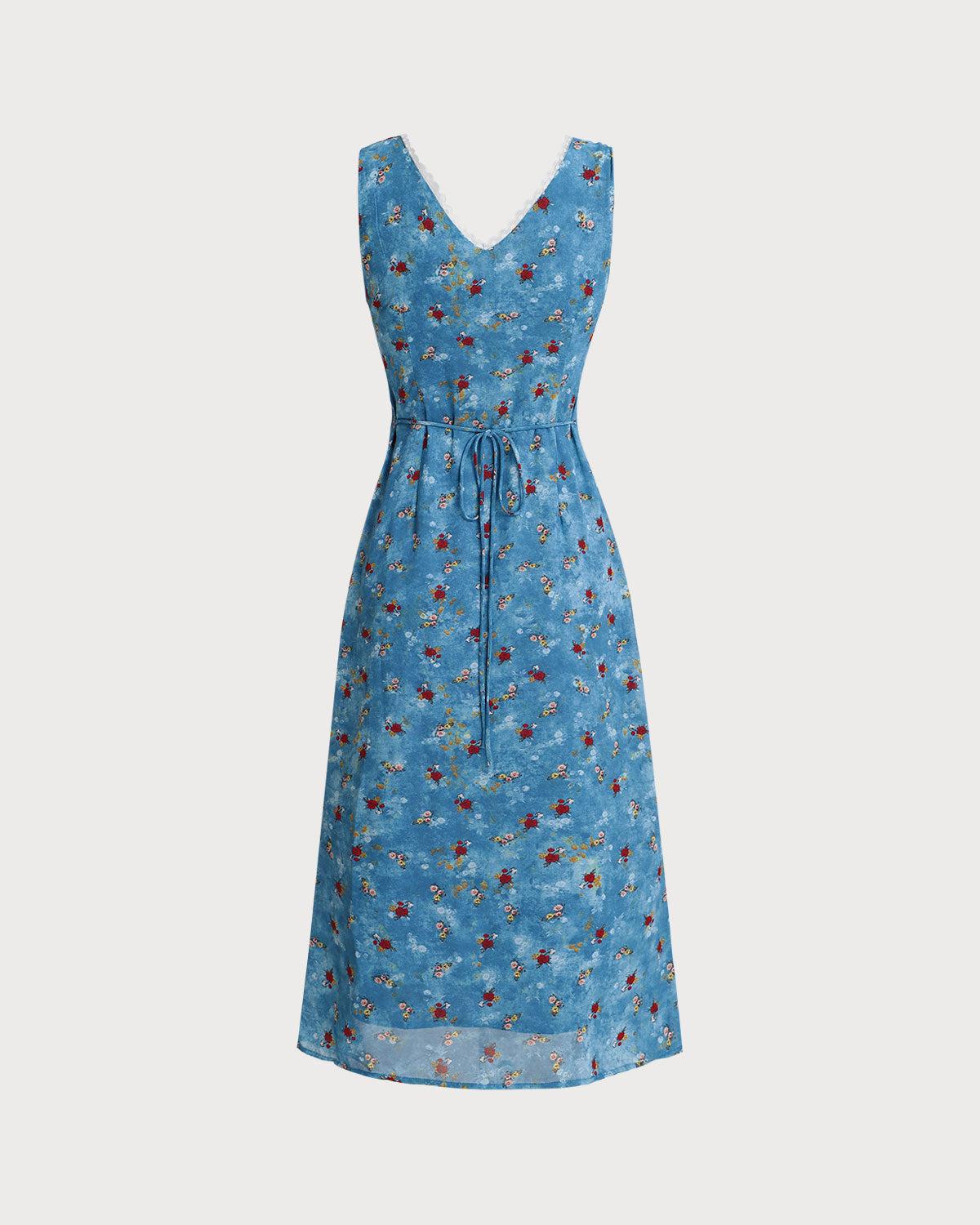 Blue Floral V Neck A-Line Sleeveless Midi Dress Product Image