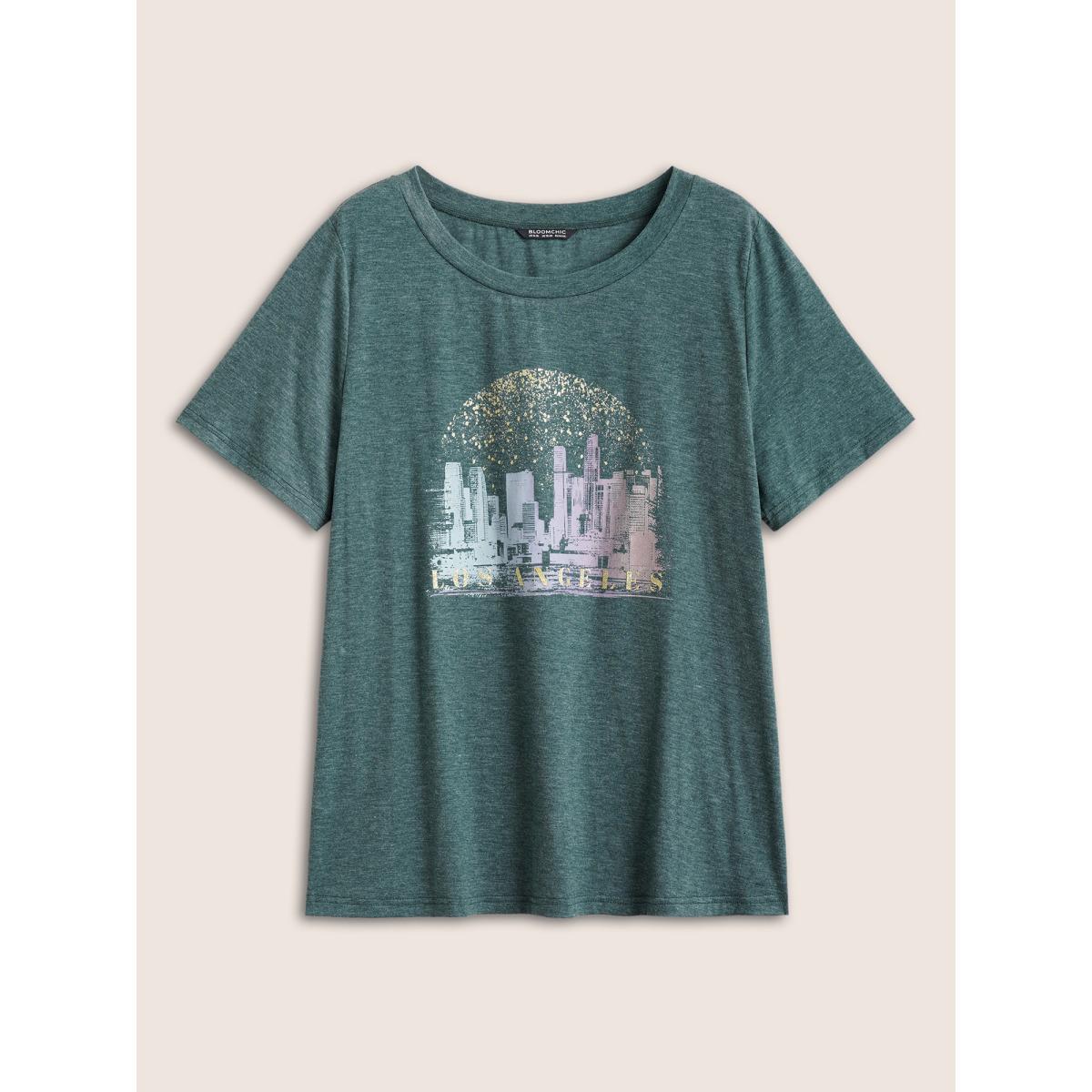 Plus Size Solid Heather City Print Crew Neck T-shirt Cyan Women Casual Non Area Everyday T-shirts BloomChic 12/L Product Image