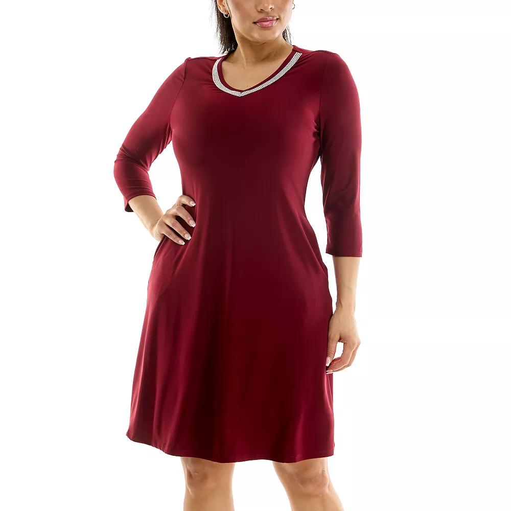 Women's Nina Leonard Necklace Trim Pocket Dress, Size: XL, Red Product Image