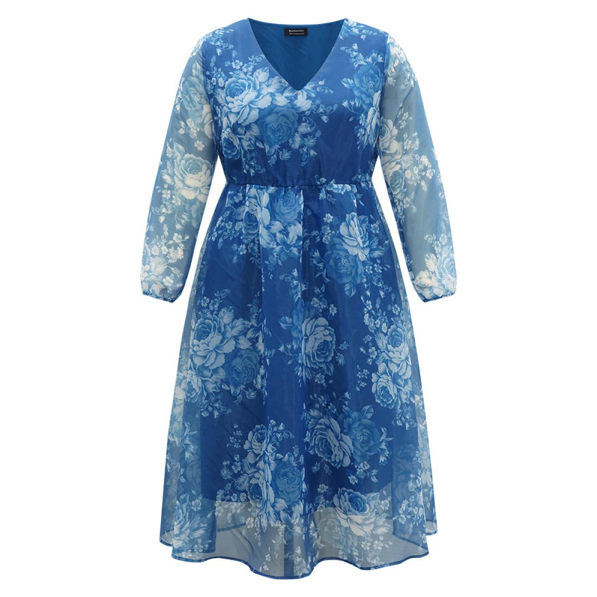 Plus Size Silhouette Floral Print Elastic Cuffs Mesh Dress Cerulean Women Elegant Elastic cuffs V-neck Long Sleeve Curvy Midi Dress BloomChic 10/M Product Image