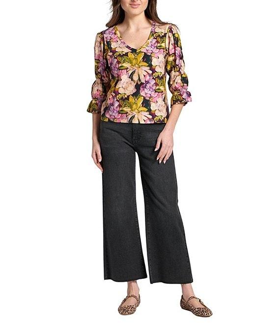 APNY Woven Floral Print V-Neck 3/4 Sleeve Blouse Product Image