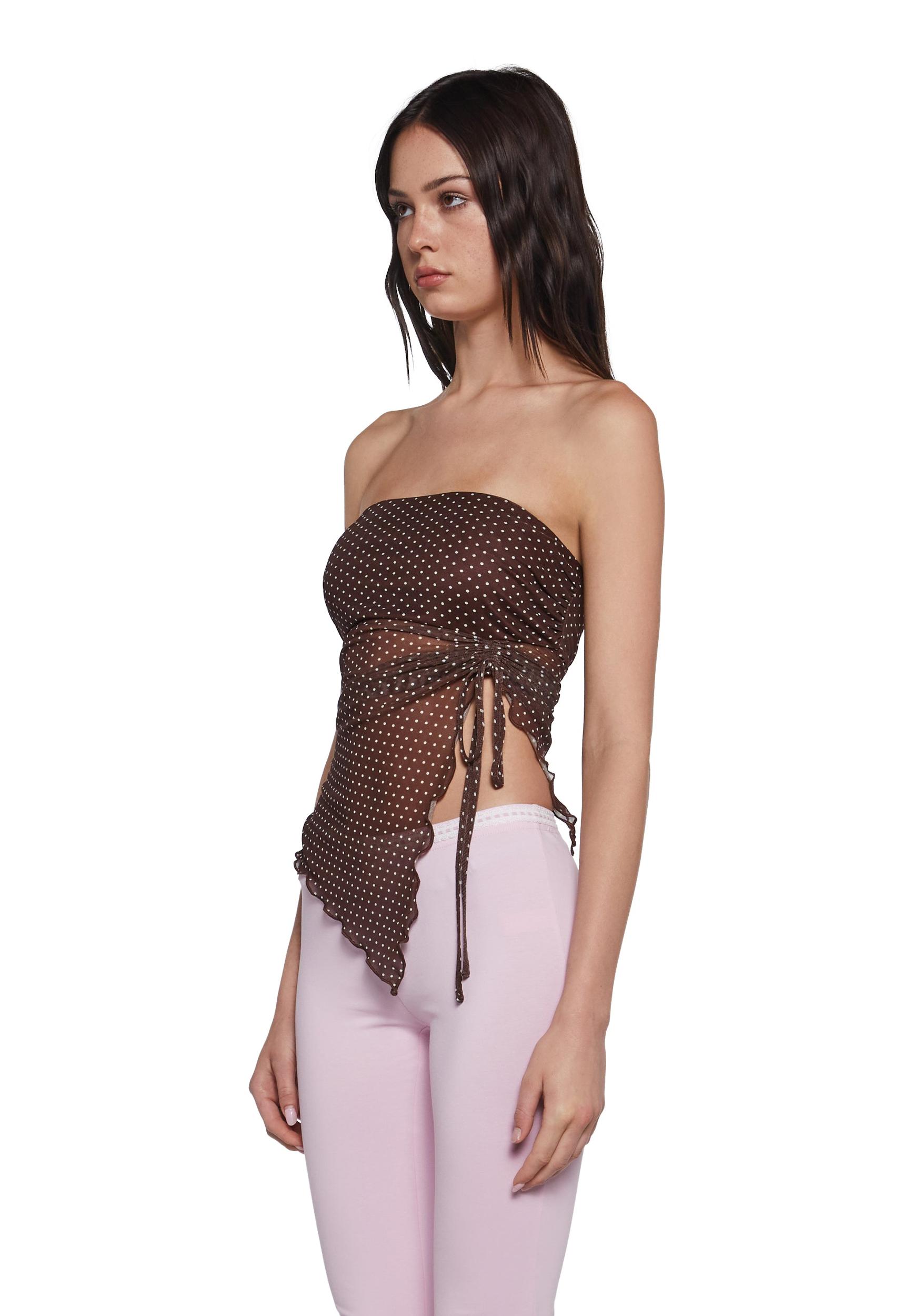 Womens Polka Dot Tube Top With Ruching - Brown Product Image