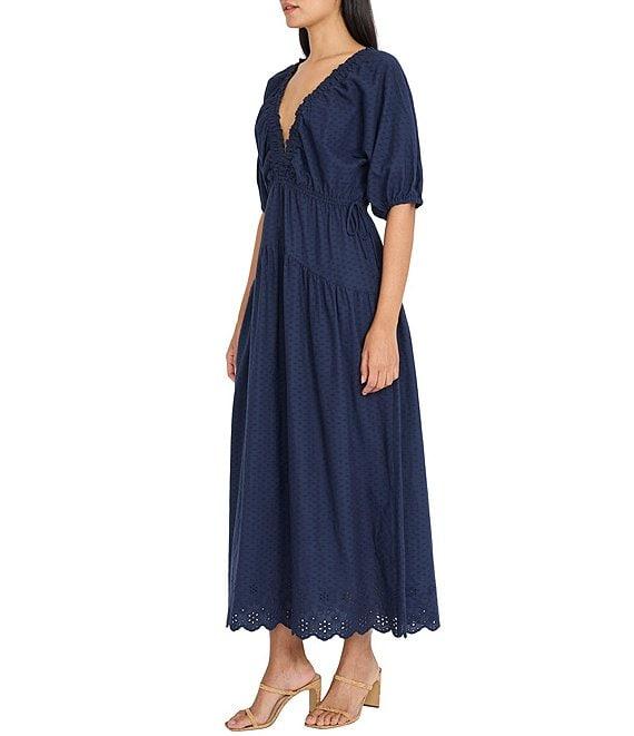 The Good Journey V-neck Puff Sleeve Eyelet Maxi Dress Product Image