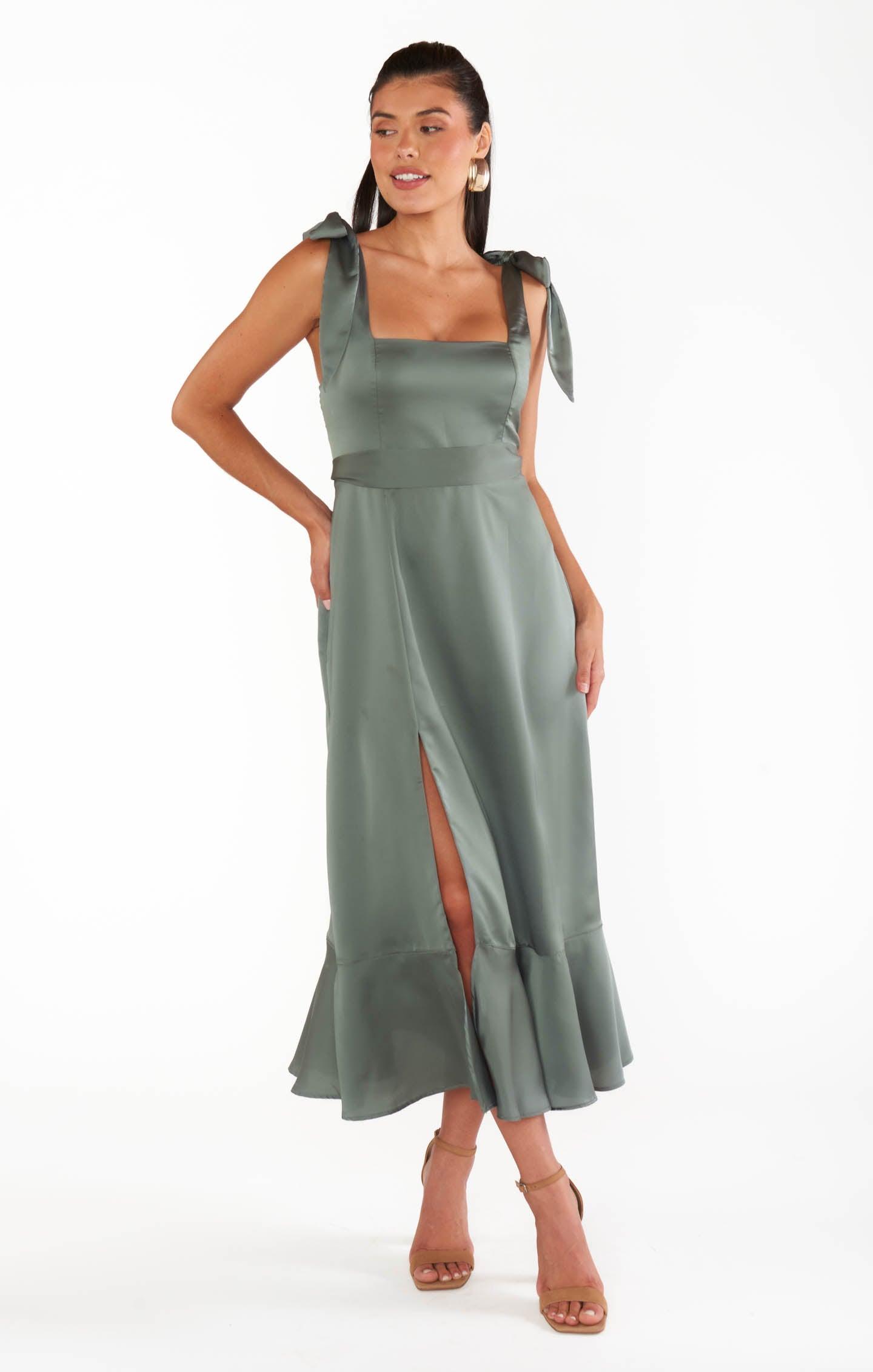 Claire Midi Dress ~ Deep Sage Luxe Satin Product Image
