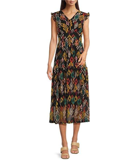 Calessa Abstract Ikat Print Plunge V-Neck Cap Flutter Sleeve Smocked Tiered Midi Dress Product Image