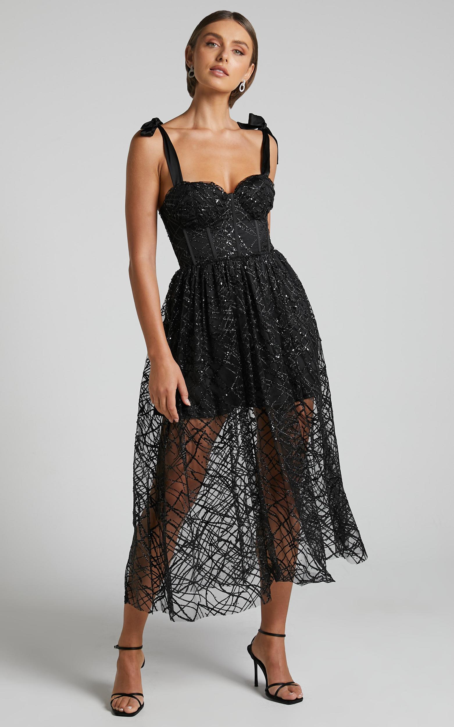 Rimea Midi Dress - Tie Shoulder Bustier Bodice Glitter Tulle Dress in Black Product Image