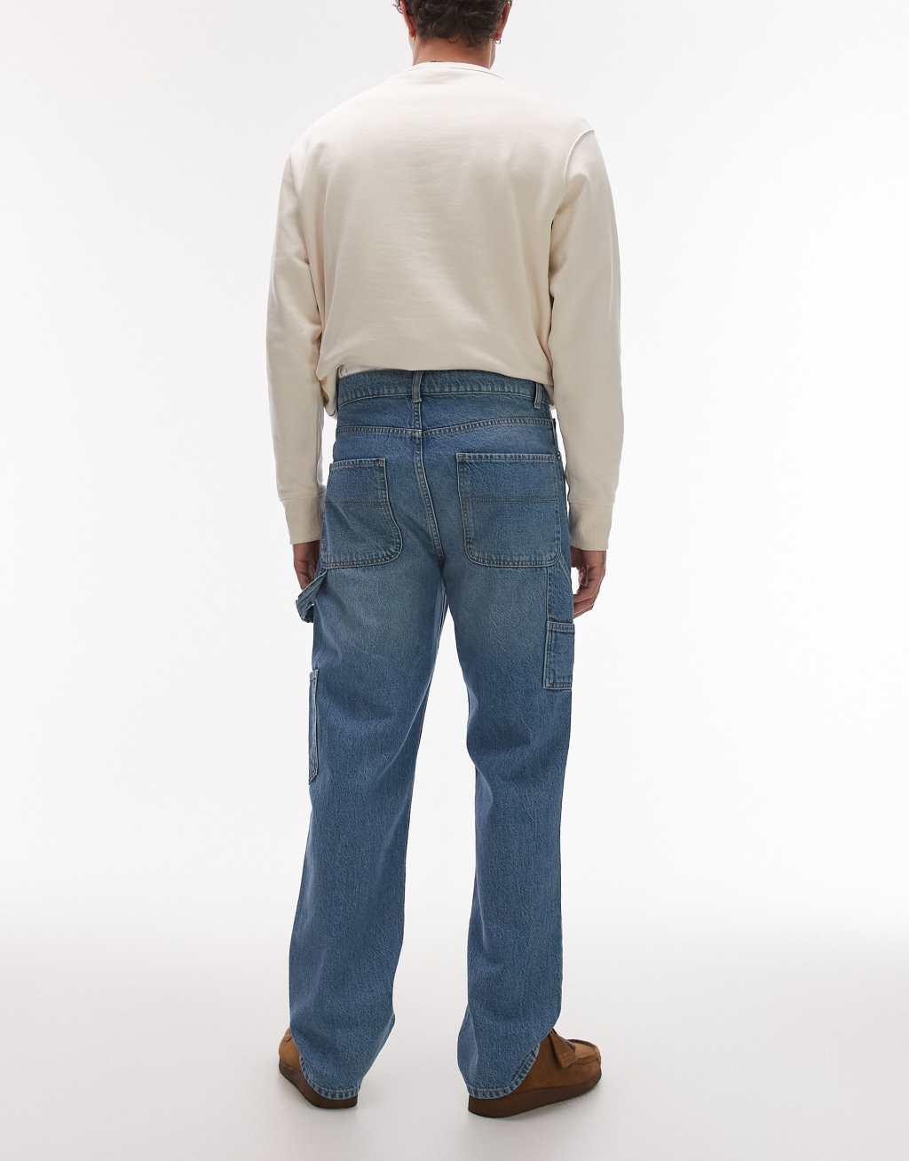 Topman rigid straight leg carpenter jeans in mid wash blue | ASOS Product Image