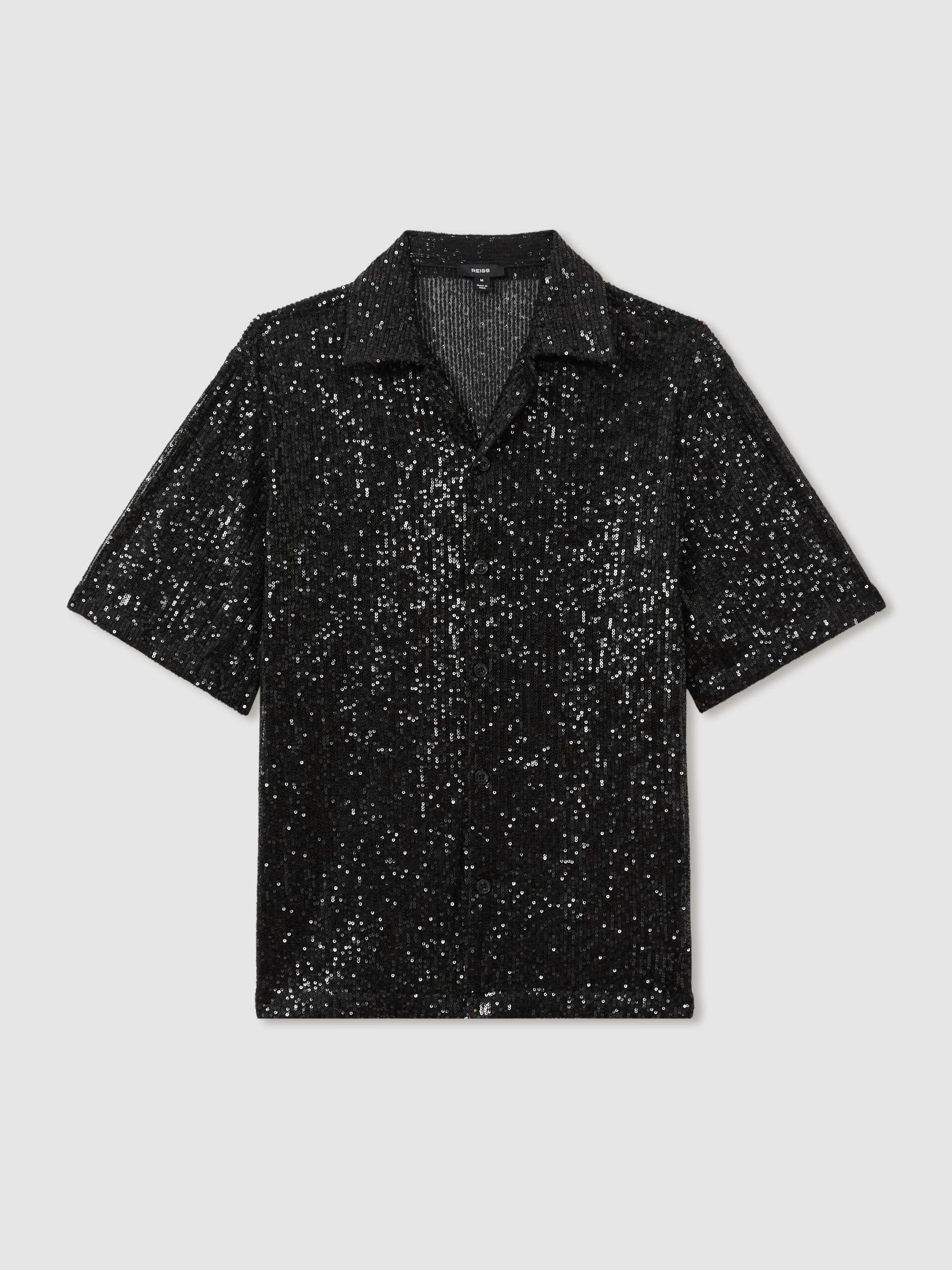 Sequinned Cuban-Collar Shirt in Black Product Image