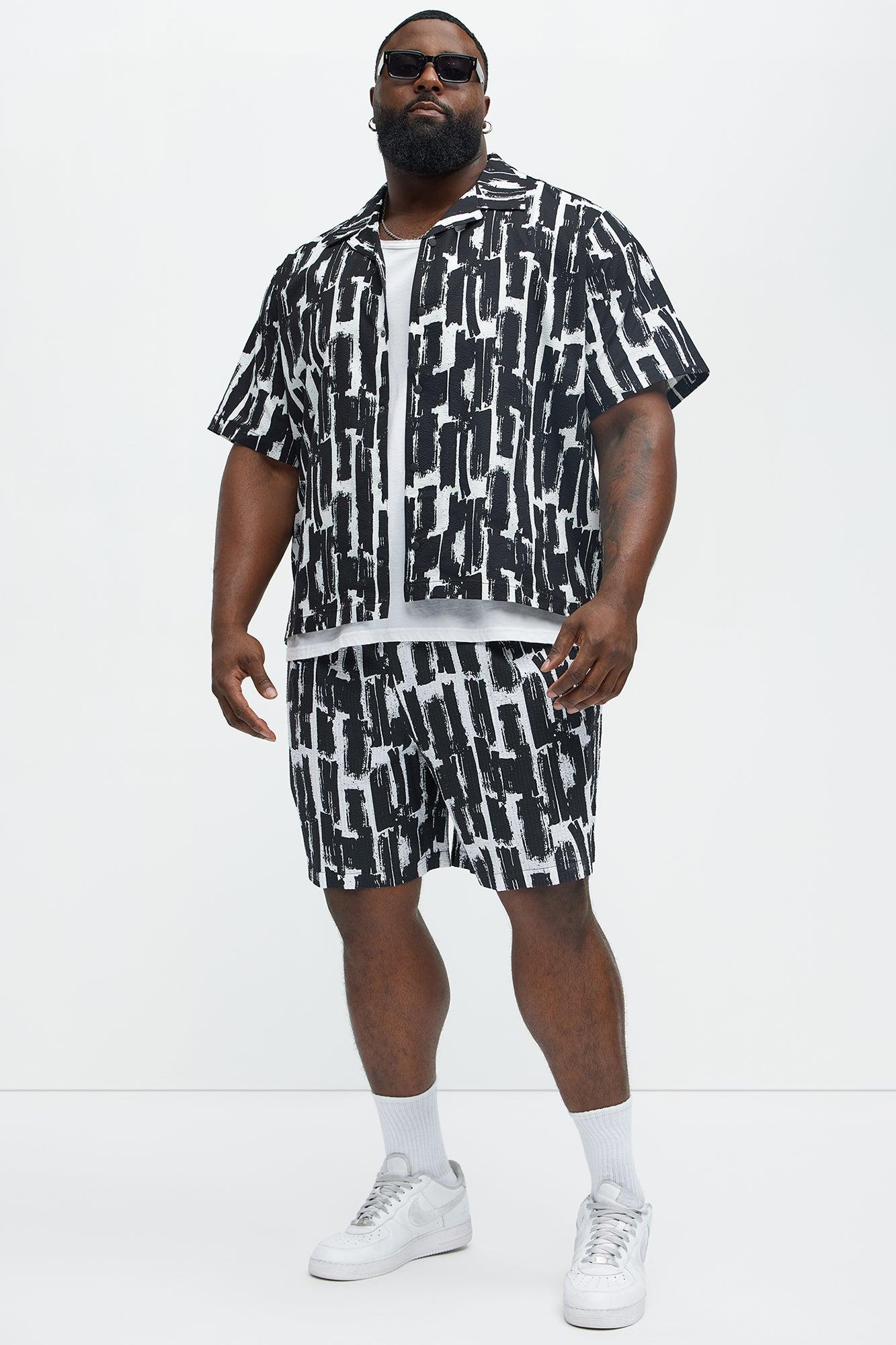 Seersucker Printed Short Sleeve Cuban Collar Shirt - Black/combo Product Image
